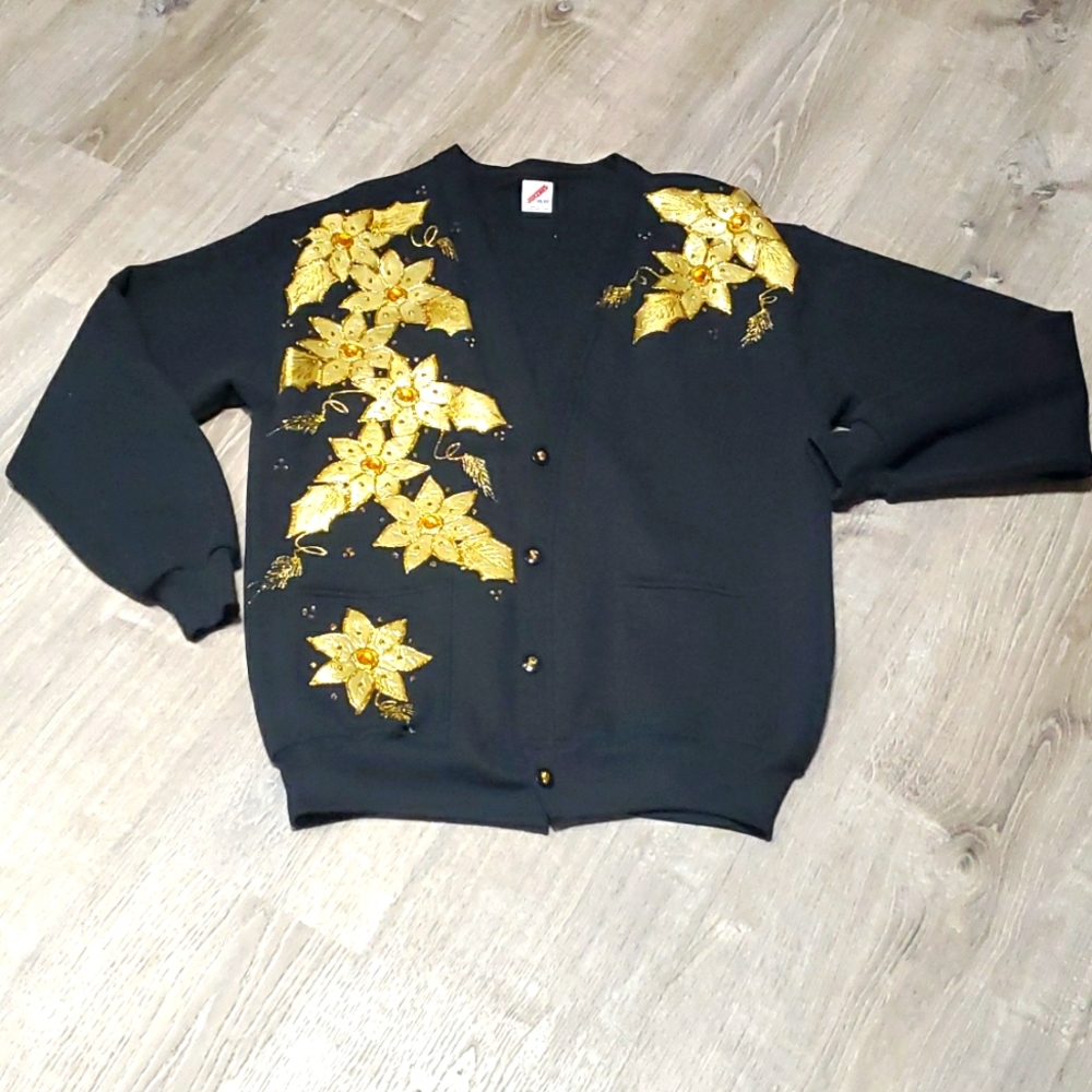 Vintage Jerzees black gold long cardigan floral detail v-neck women one size